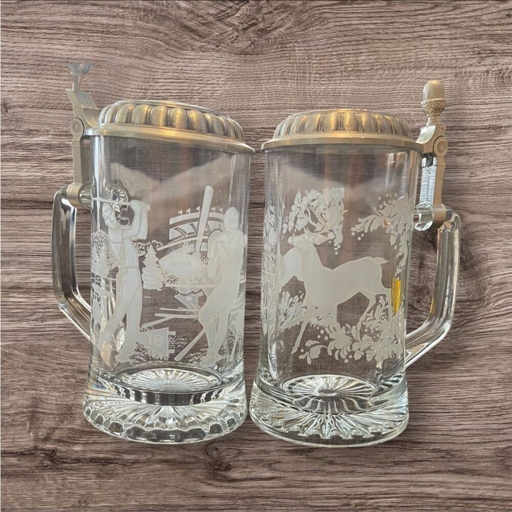 Vintage German Crystal Glass Beer Stein w/ Pewter Lid Set of 2